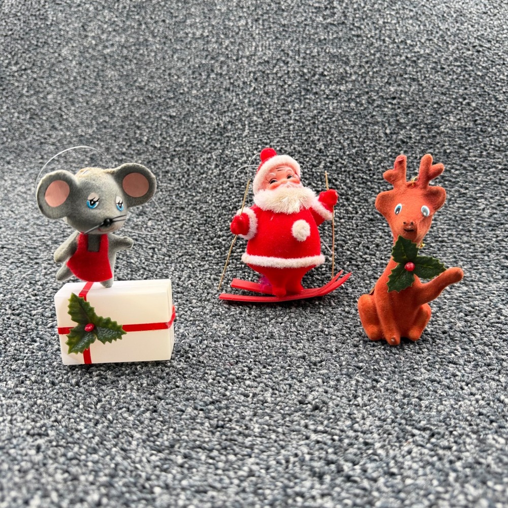 Vintage Flocked Christmas Ornaments Set Santa Skier Reindeer Mouse Mid Century